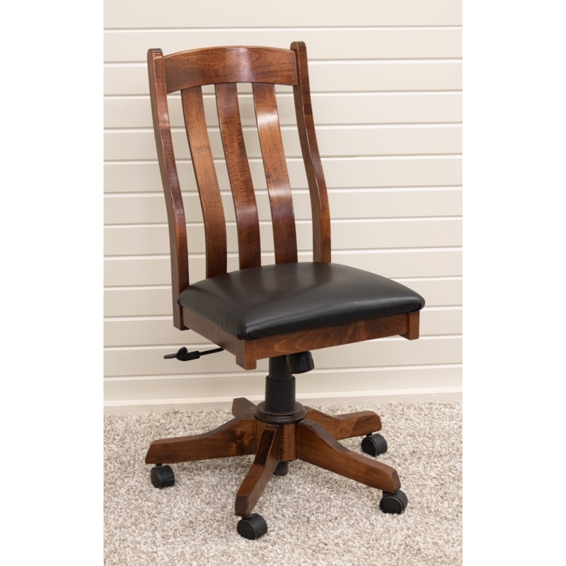 Desk Chair Dark Wood Slatted Back Black Seat Transitional Swivel Base