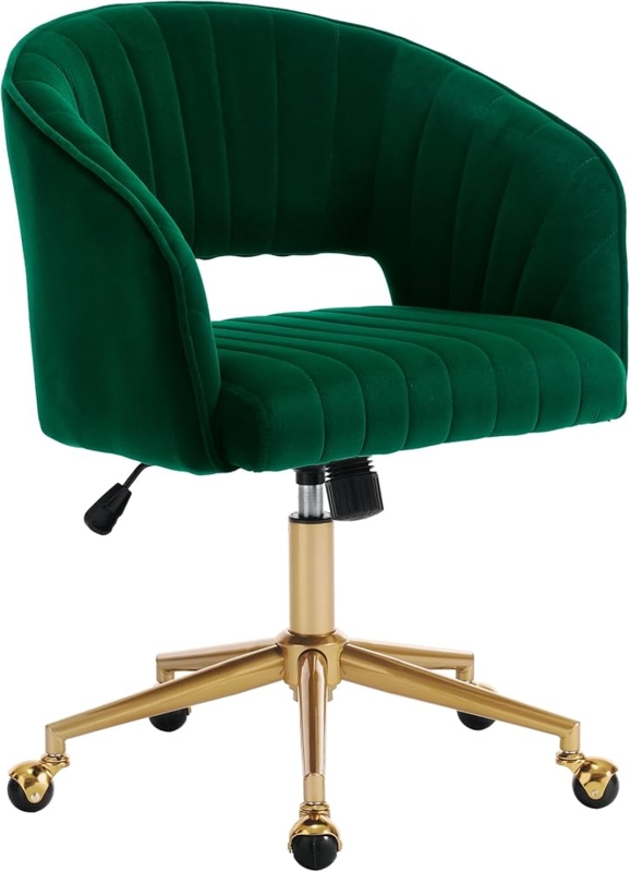 Desk Chair Emerald Green Velvet Channel Tufted Back Gold Base Sloped Arms