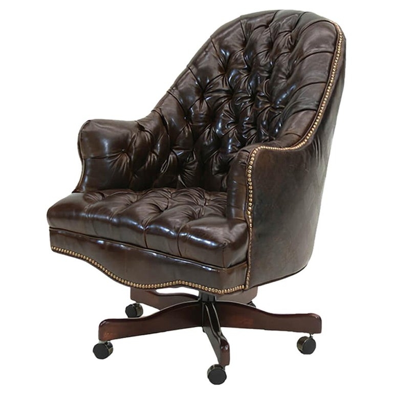 Desk Chair: Forest Green Tufted Barrel Back on Wood Caster Legs