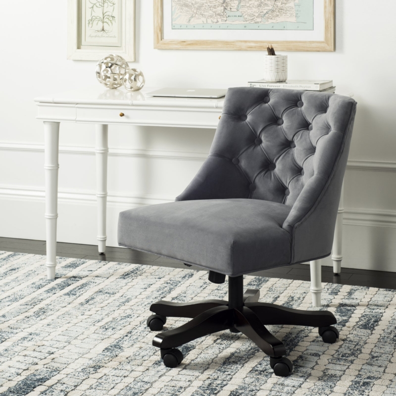 Desk Chair Grey Velvet Diamond Tufting Chrome Swivel Base Curved Arms