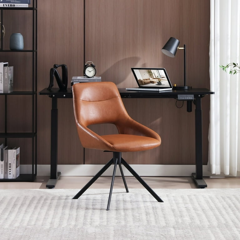 Desk Chair Hollow Back Brown Faux Leather Splayed Legs Modern