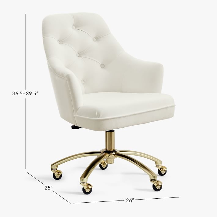 Desk Chair: Ivory Velvet Tufted Curved Back Swivel Seating