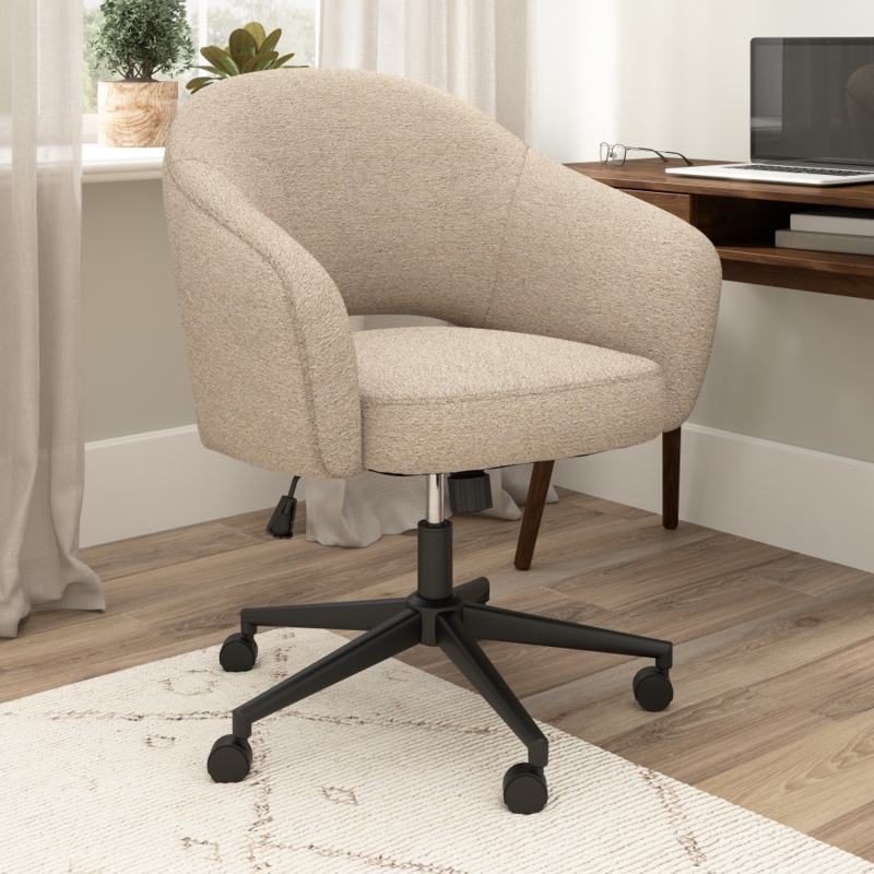 Desk Chair Light Grey Fabric Curved Wood Frame Tapered Legs Swivel