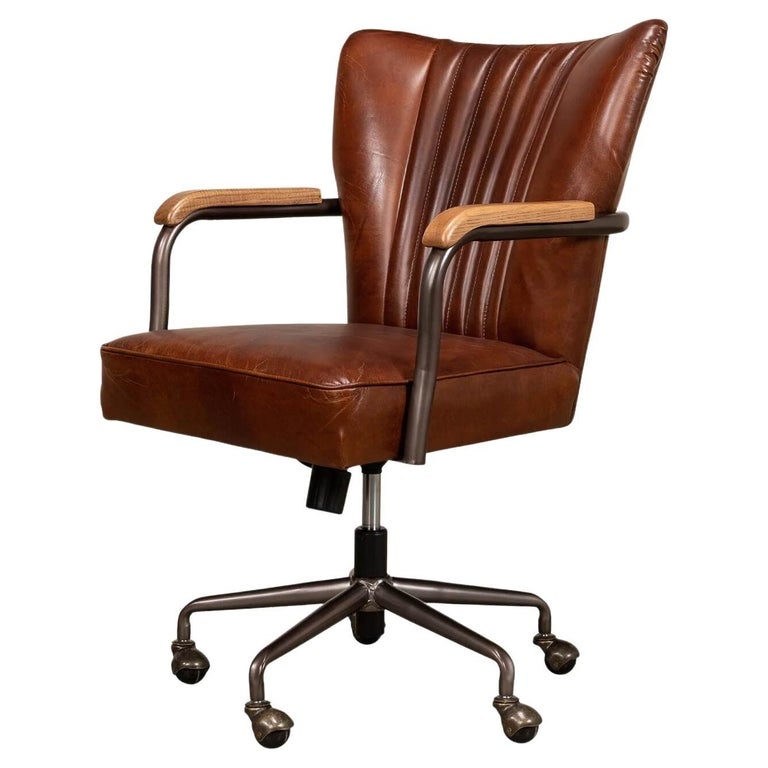 Desk Chair Nailhead Trim Button Tufted Cognac Vintage Office Style