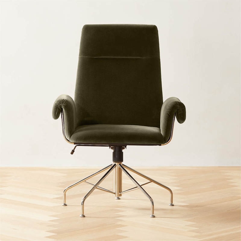 Desk Chair Olive Velvet Armless Silhouette Matte Black Base Modern