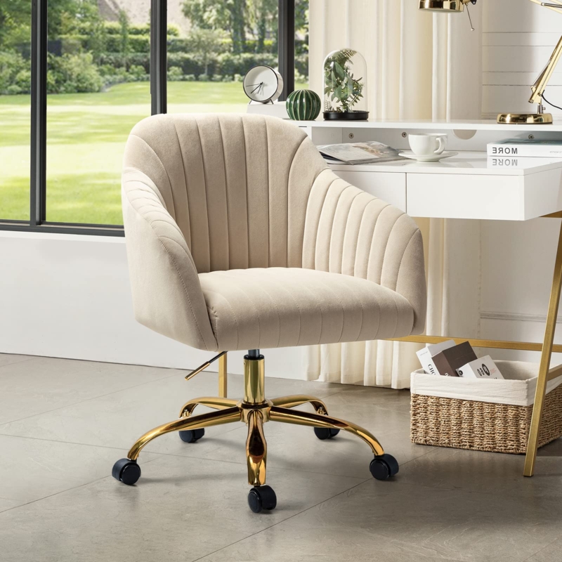 Desk Chair Tan Barrel Back Gold Base Upholstered Home Office Seating
