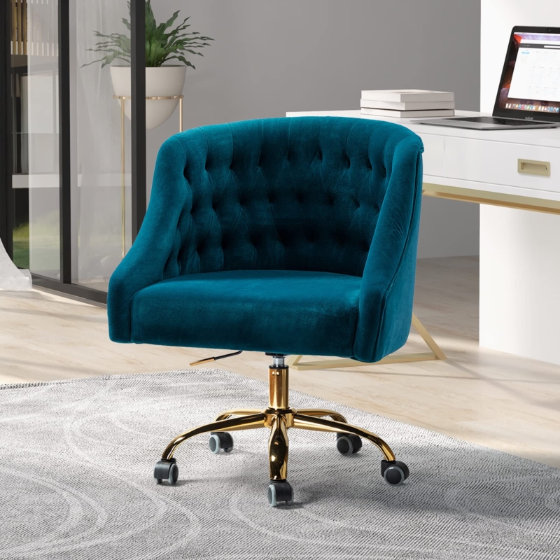 Desk Chair: Teal Velvet Scalloped Back Channel Tufted Gold Base