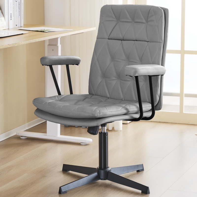 Desk Chair Wheel Less Swivel Heather Grey Upholstery Matte Metal