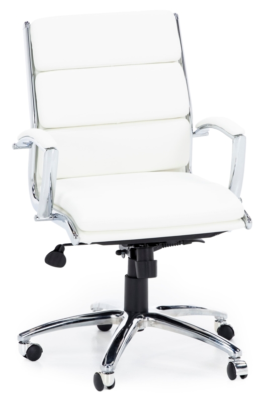 Desk Chair White Leather-Like Ribbed Polished Chrome Executive