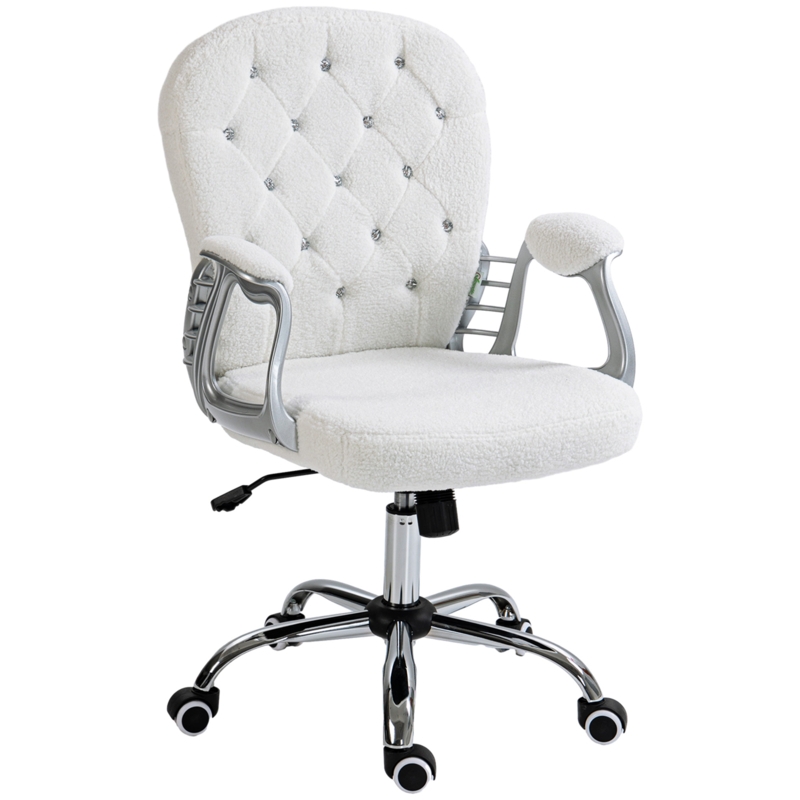 Desk Chair: White Linen-Like Tufted Swivel with Padded Armrests