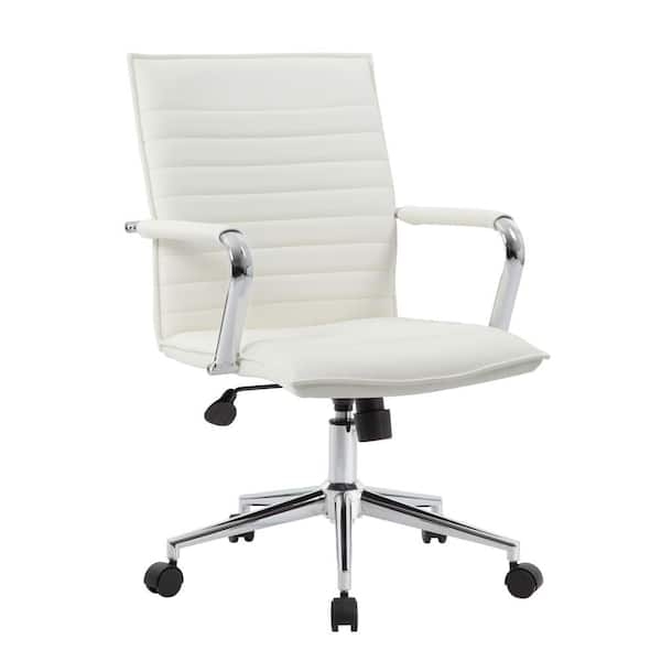 Desk Chair White Vinyl Ribbed Stitching with Chrome Arms