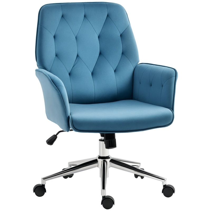 Desk Chair with Button Tufting and Integrated Arms, Modern Blue Fabric