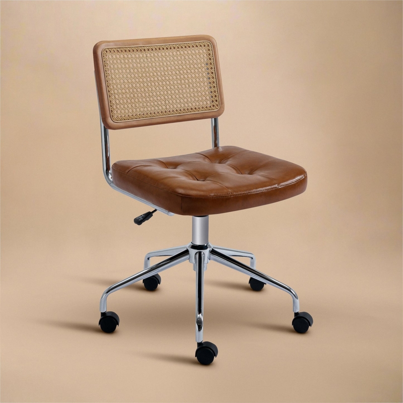 Desk Chair with Cane Backrest, Bentwood Frame, Black Leather-Like Seat