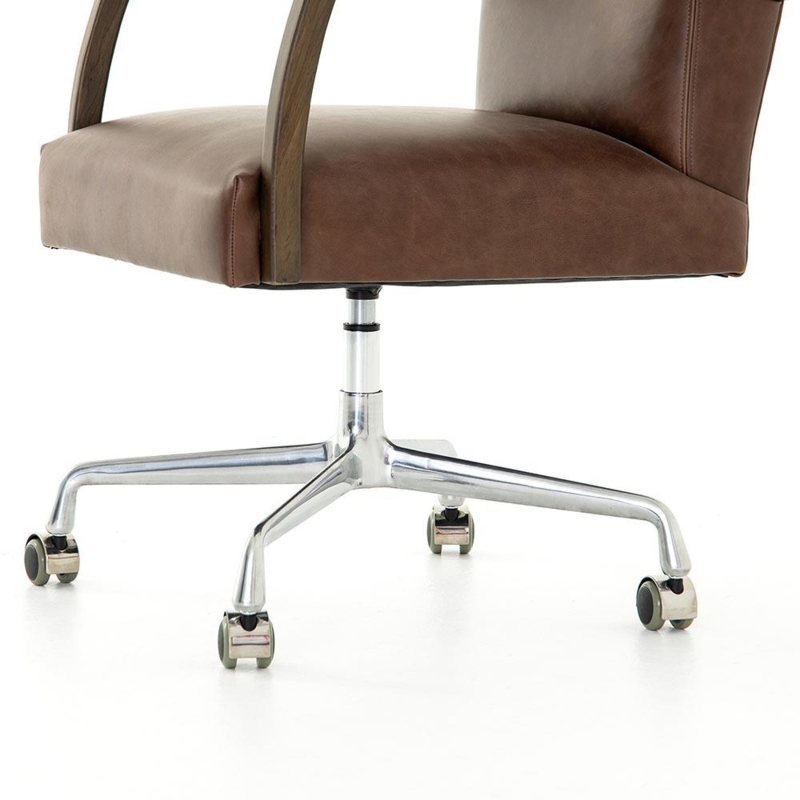 Desk Chair with Curved Back, Brown Leather-Like, Polished Chrome Base