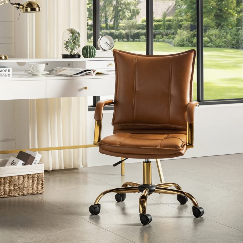 Desk Chair with Glam Style, Ribbed Back, and Polished Gold Base