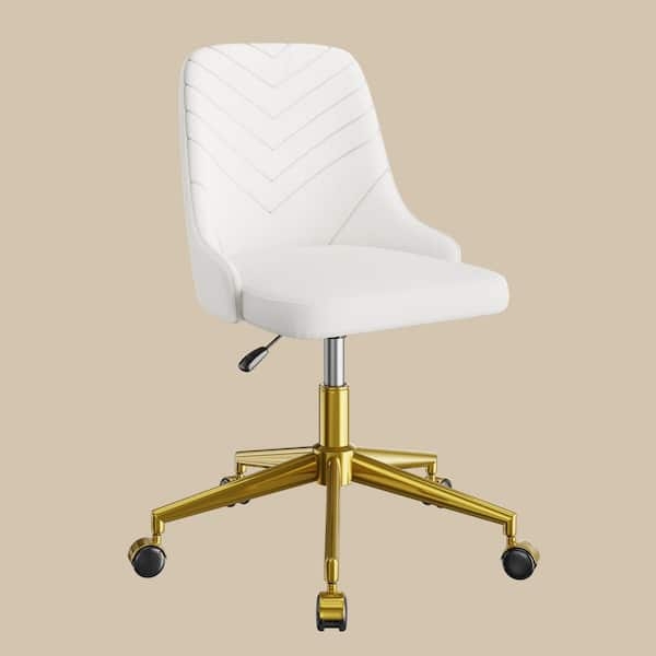 Desk Chair with White Velvet Look Channel Tufting and Gold Base