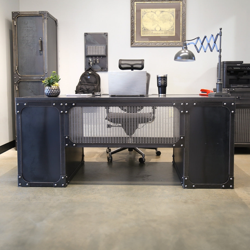 Desk Cross Brace Frame Integrated Drawers Black Metal Wood Industrial