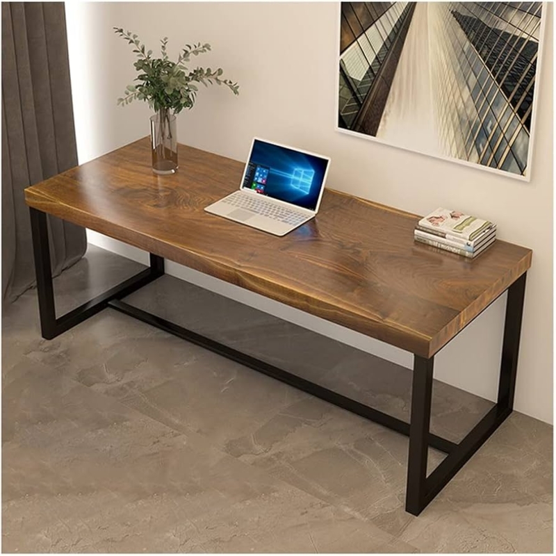 Desk featuring Live Edge Detail and X-Frame Base, Rustic Metal Table.