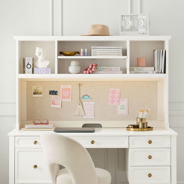 Desk Hutch with Corkboard Back, Built-in Outlets, Modern Simply White.