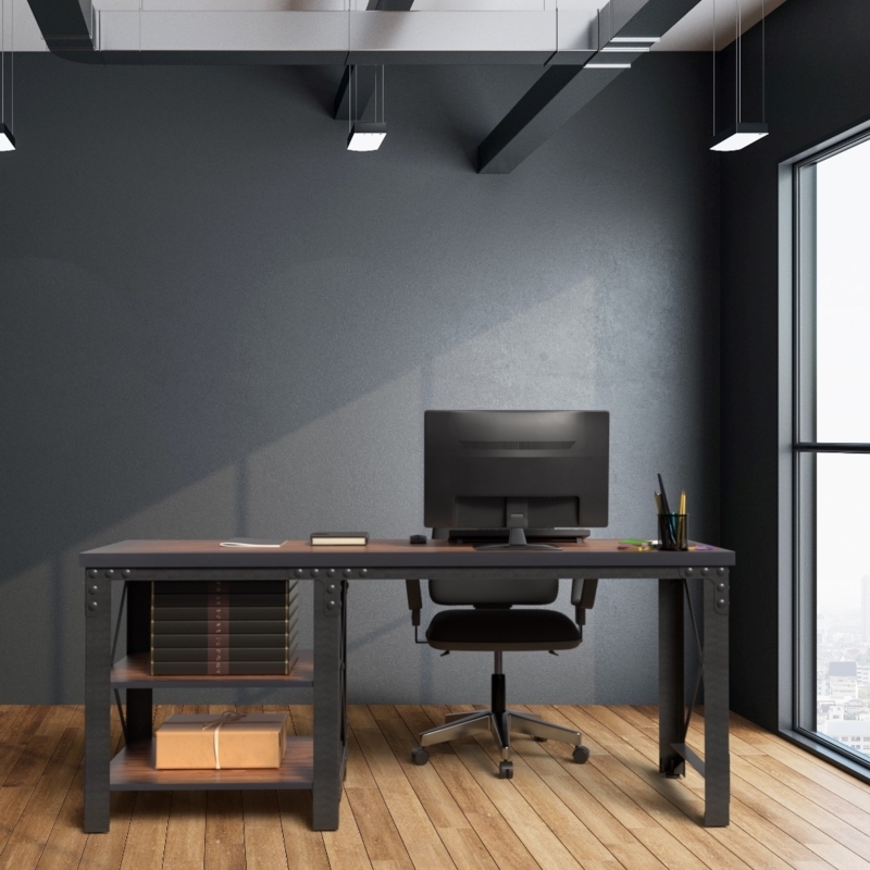 Desk Industrial with Side Shelves, 72 Inch Wide Wood and Metal Frame