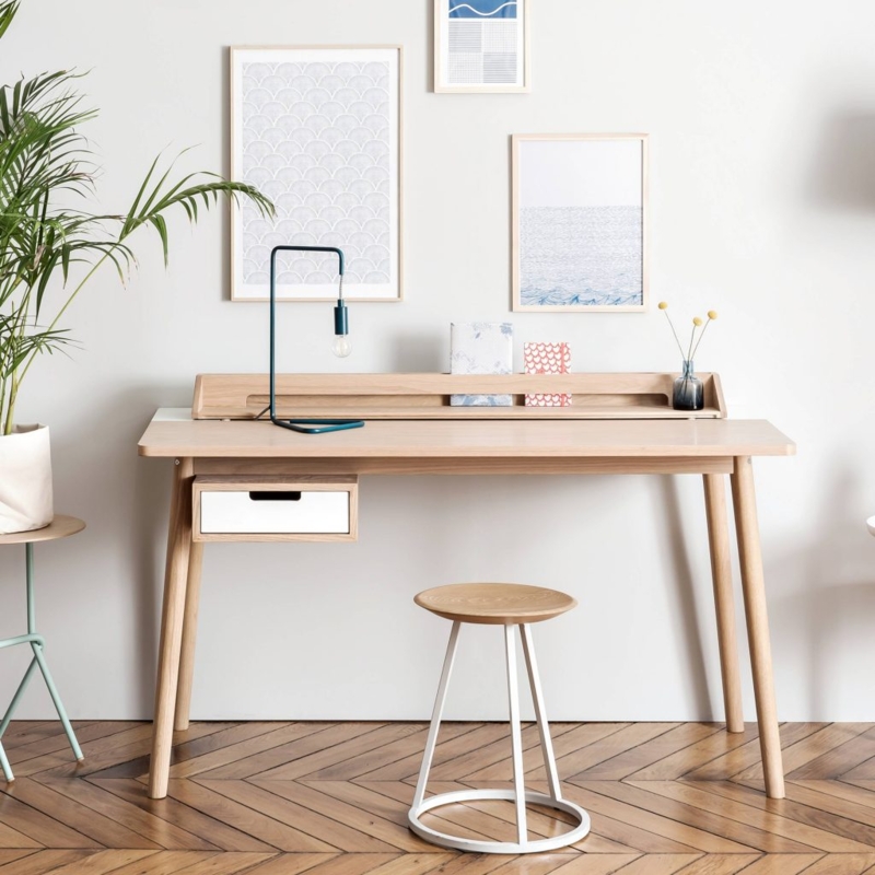 Desk Integrated Tablet Groove Natural Wood Finish Cable Management