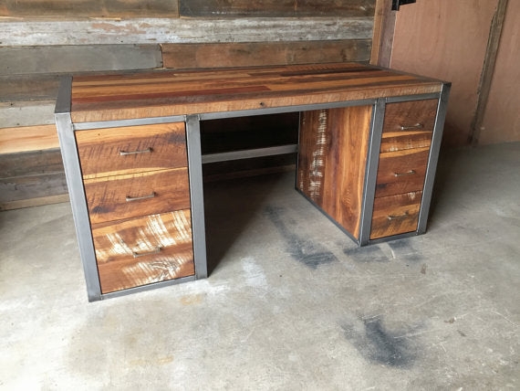 Desk Modern Minimalist Workspace, Thick Wood Top, Black Metal Sled Base
