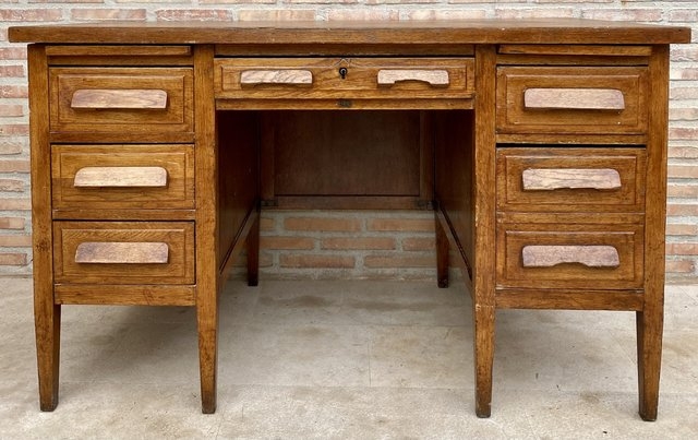 Desk Seven Drawers Pedestal Base 1940s Vintage Oak Executive Style