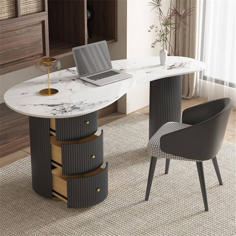 Desk Stone Like Asymmetrical Waterfall Edge Slatted Details
