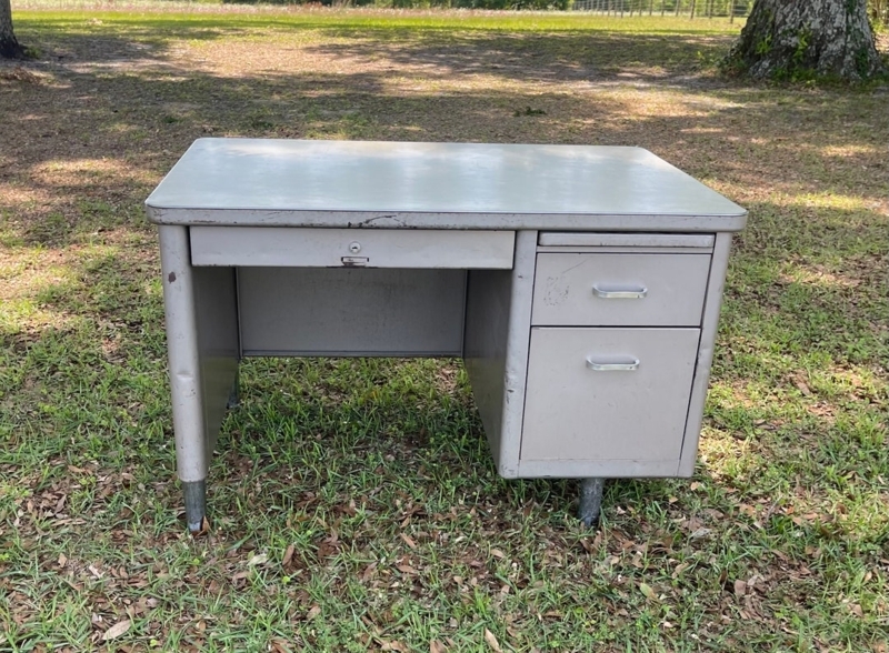 Desk Tapered Legs, Wood Toned Top, Mid Century Metal Office Desk