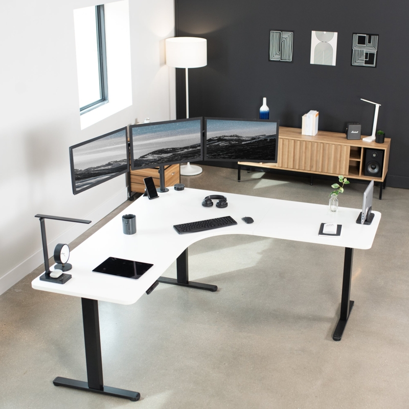 Desk Top Solid White Finish L-Shaped Configuration Curved