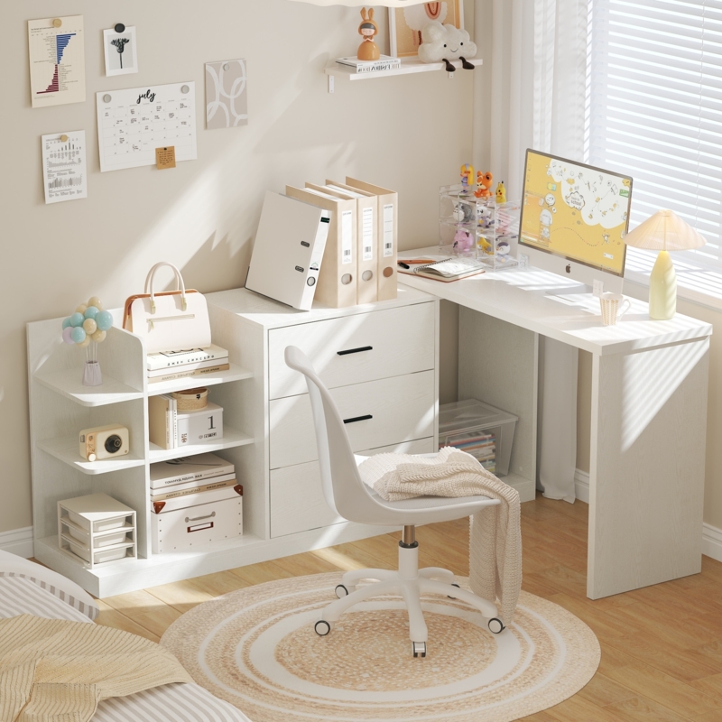 Desk with Integrated Bookshelf and Three Drawer Base for Home Offices