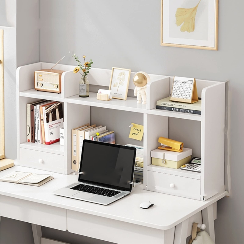 Desktop Bookshelf with Integrated Drawers, Oval Cutouts