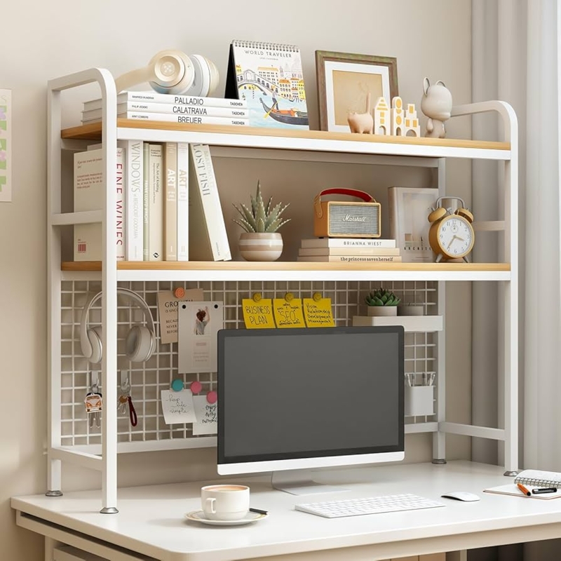 Desktop Hutch with Two-Tier Shelving, Wire Grid Panel
