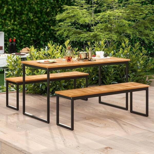 Dining Bench Honey Brown Slatted Seat Metal Legs Modern Slatted Patio Bench