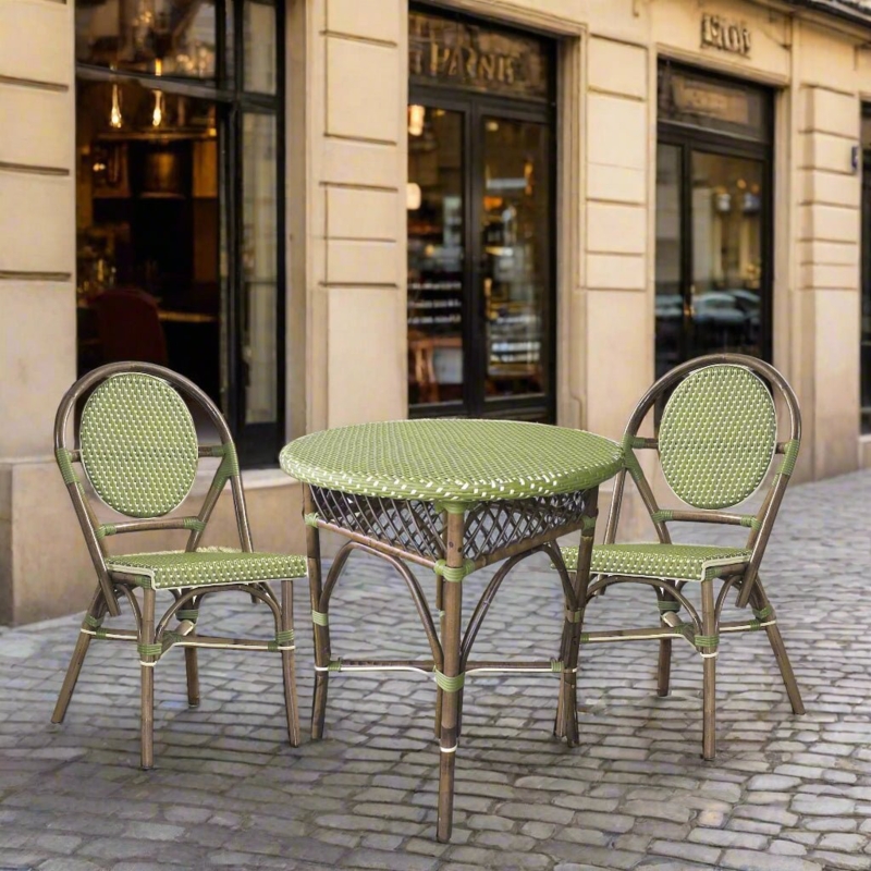 Dining Chair Parisian Bistro Style Green Chevron Weave Bamboo Look Frame