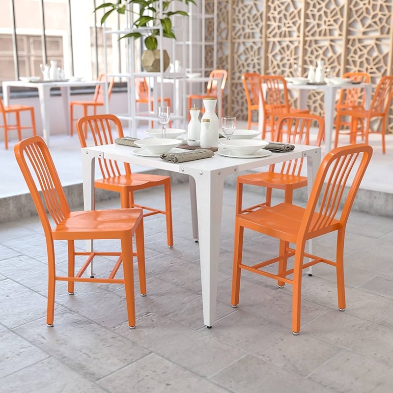 Dining Chair, Vibrant Orange Metal, Glossy Finish, Bistro Silhouette