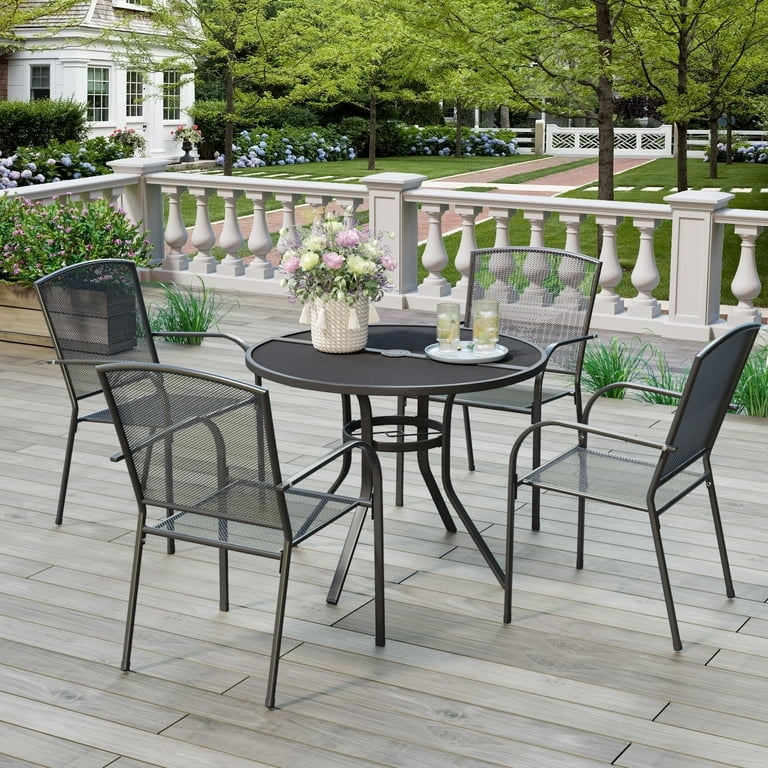 Dining Set Dark Charcoal Metal Round Lattice Table Stackable Chairs