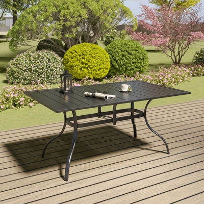 Dining Table, Charcoal Metal Slatted Top, Splayed Legs, Umbrella Hole, Modern Patio
