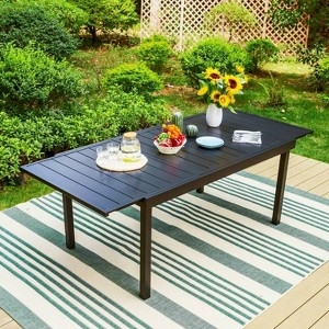 Dining Table Expandable Slate Grey Metal with Slatted Top Design