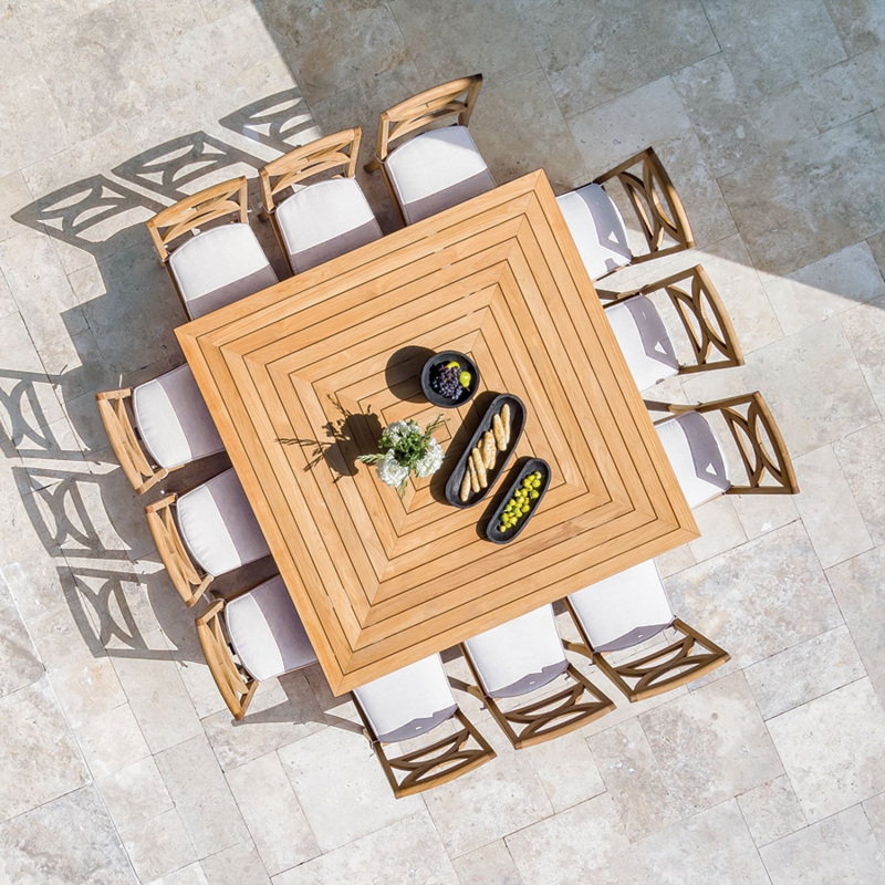 Dining Table Large Square Wood Toned Slat Top with Block Legs