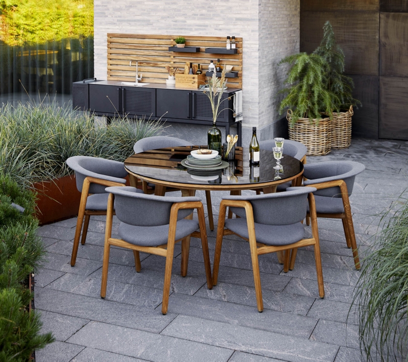 Dining Table Round Stone Like Top Scandinavian Wood Toned Legs
