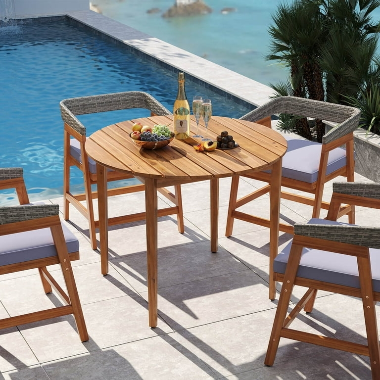 Dining Table Round Warm Wood Angled Legs Slatted Top