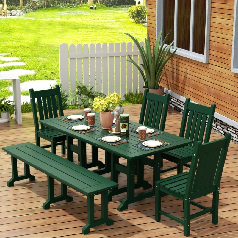 Dining Table Set Wood Tone Slat Back Chairs Matching Bench Grey Seats