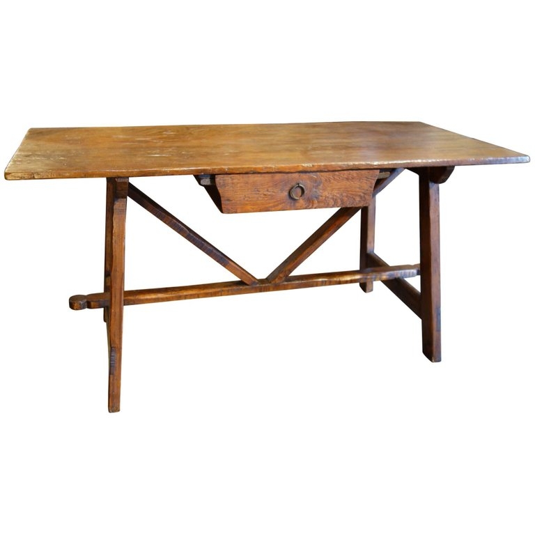 Dining Table Trestle Base Distressed Finish Refectory Style Rustic