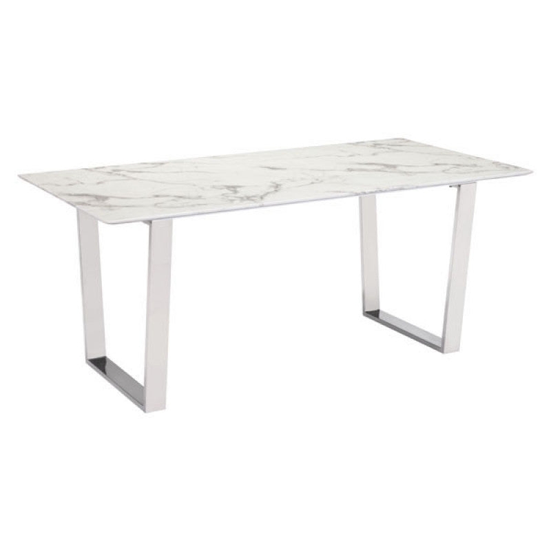Dining Table White Faux Marble Top with Silver X-Frame Base