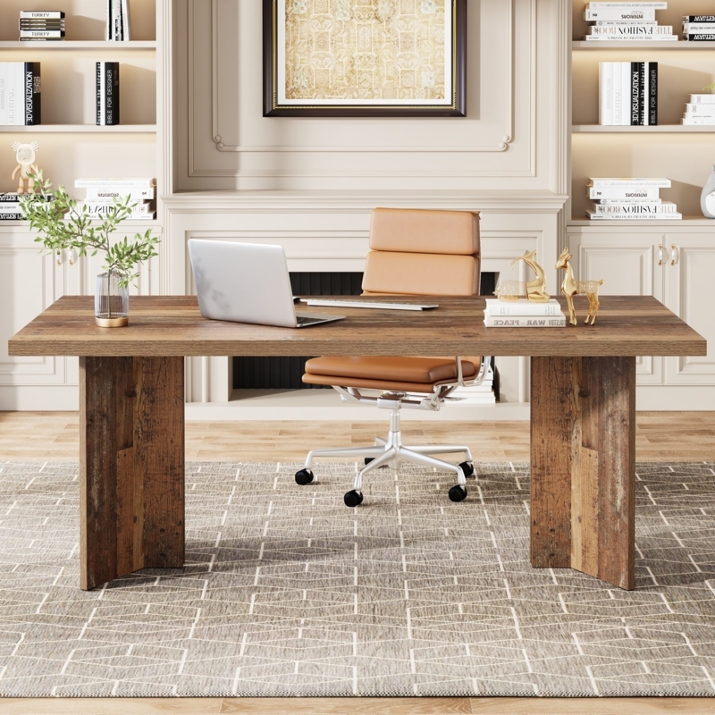 Distressed Brown Executive Desk with X-Frame Legs