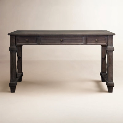 Distressed White Farmhouse Writing Desk with X-Frame Trestle Base