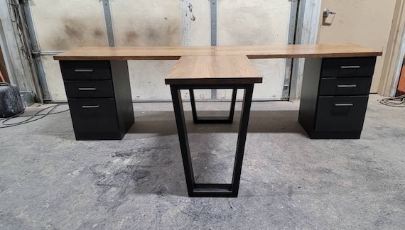 Double Desk Central Monitor Riser, Integrated Shelving, Open Base