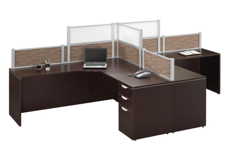 Double Desk Espresso Finish, Frosted Privacy Dividers, Pedestals