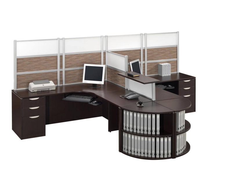 Double Desk Espresso Professional Office Desk, End Cap Bookcases